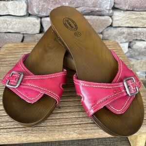 Dr Scholls Advanced Comfort Slide Buckle Sandals Red Soft Faux Wood Shoe Mule 10